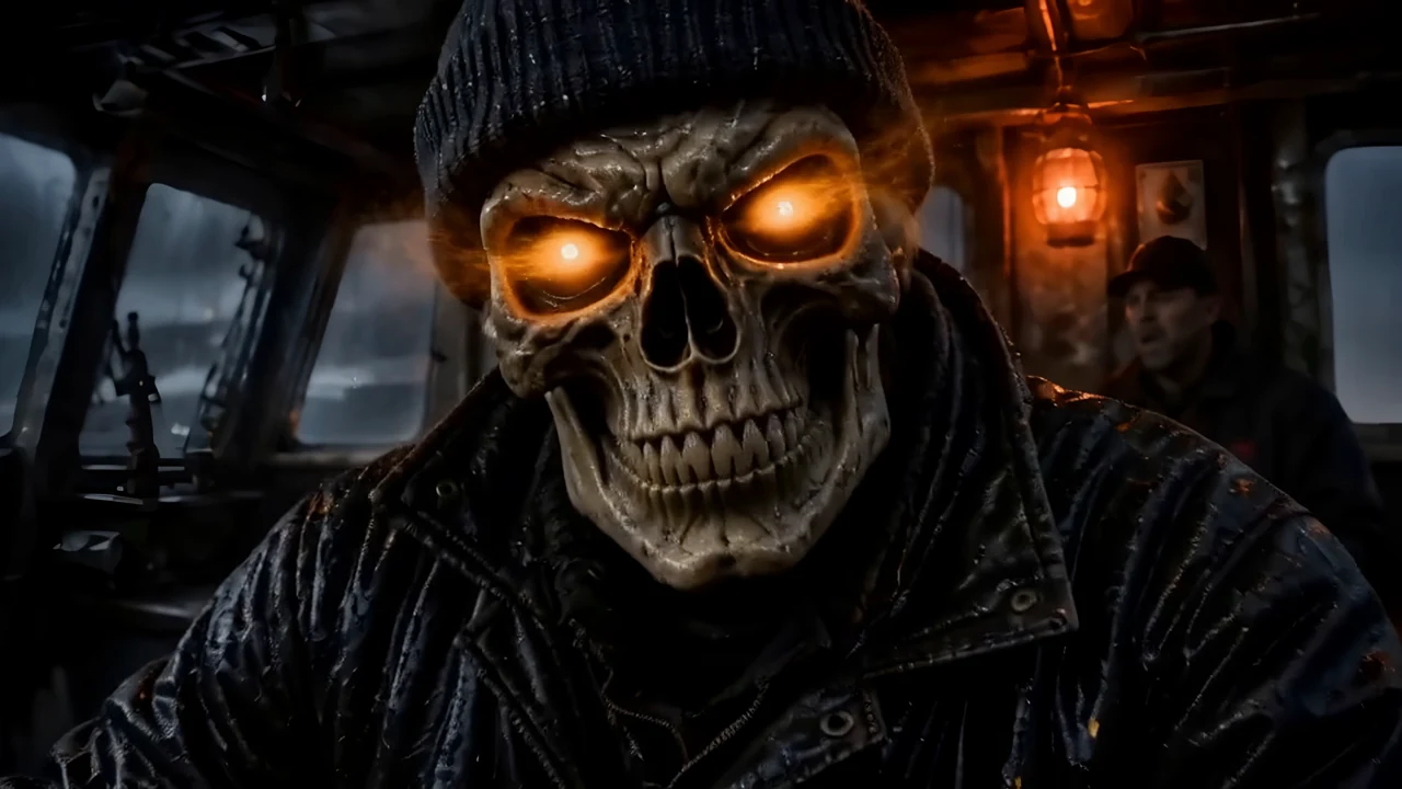 The Coastal Outlaw Blues skull captain with glowing eyes in the wheelhouse