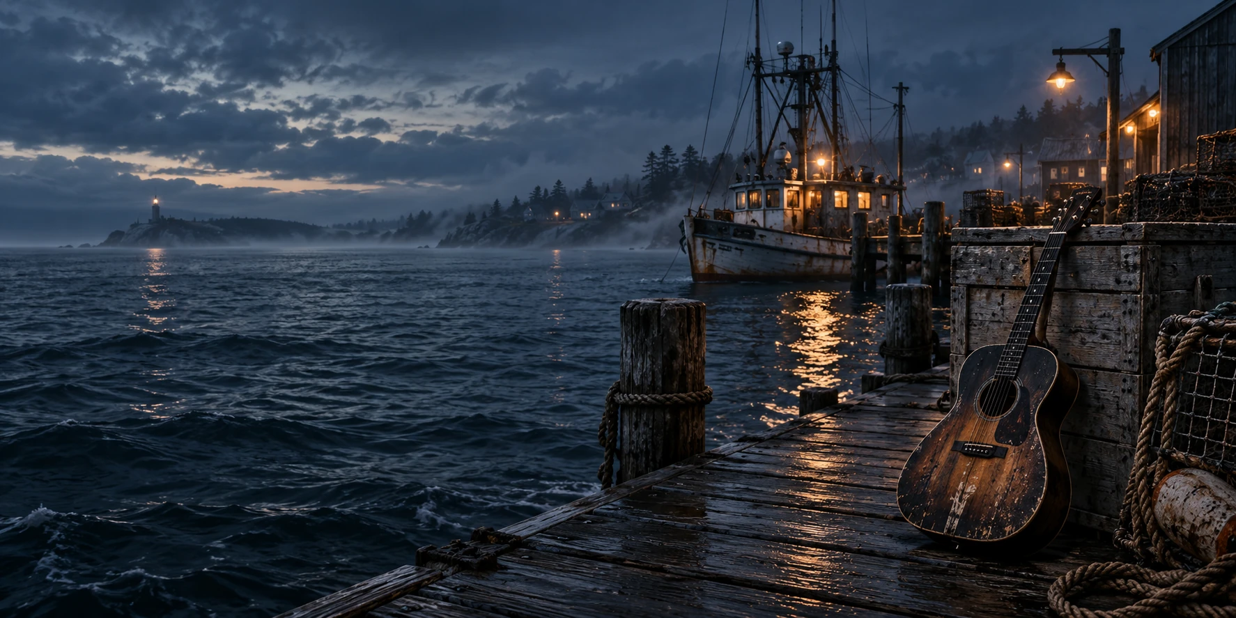 Acoustic guitar on a dock beside fishing boats glowing in the dusk