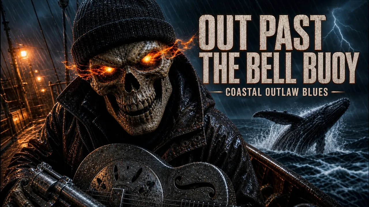 Out Past the Bell Buoy video artwork: a skull-faced fisherman with a guitar beneath a stormy sky